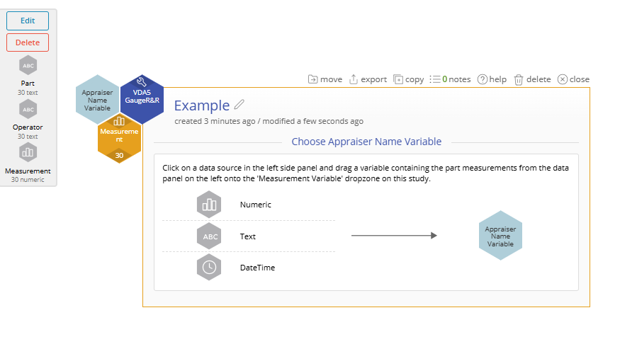 V D A 5 Gauge R&R tool showing open Data Sources panel with Operator Variable and an empty dropzone called Appraiser Name