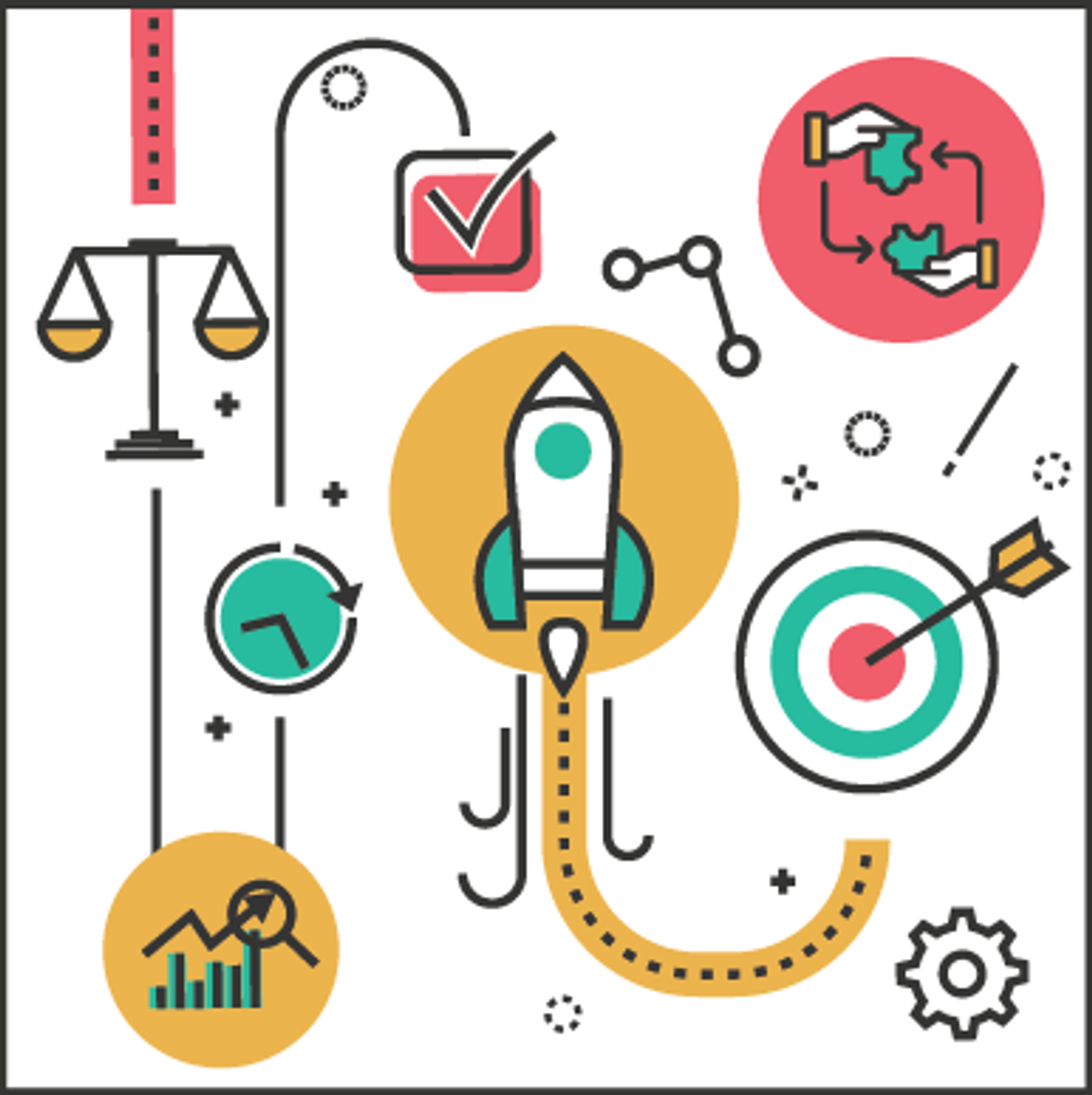 Icons of project management, tracking, data security, cloud software, and goals