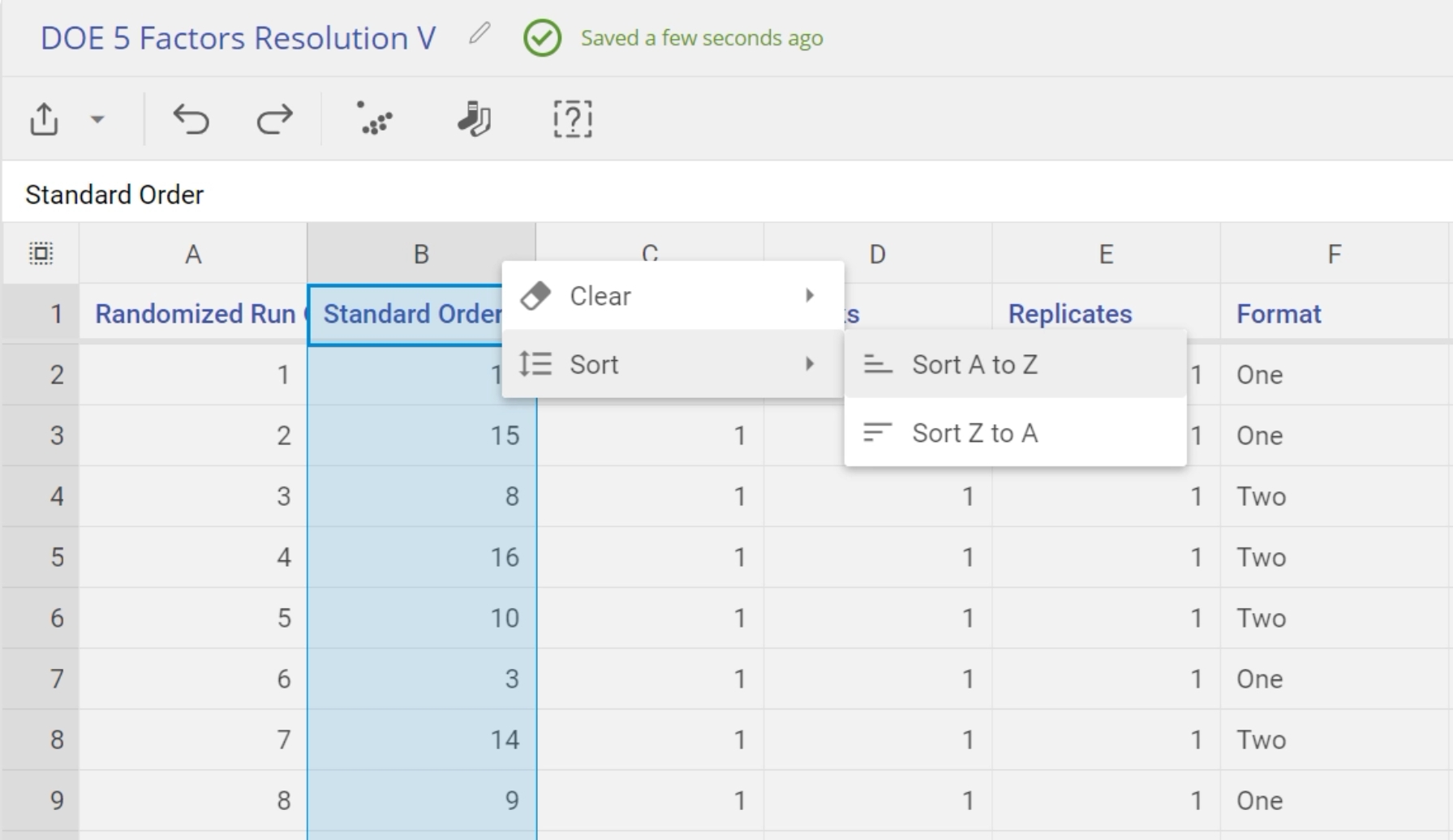 Data Editor interface highlighting the 'Sort' method for Standard Order using Fractional Factorial data