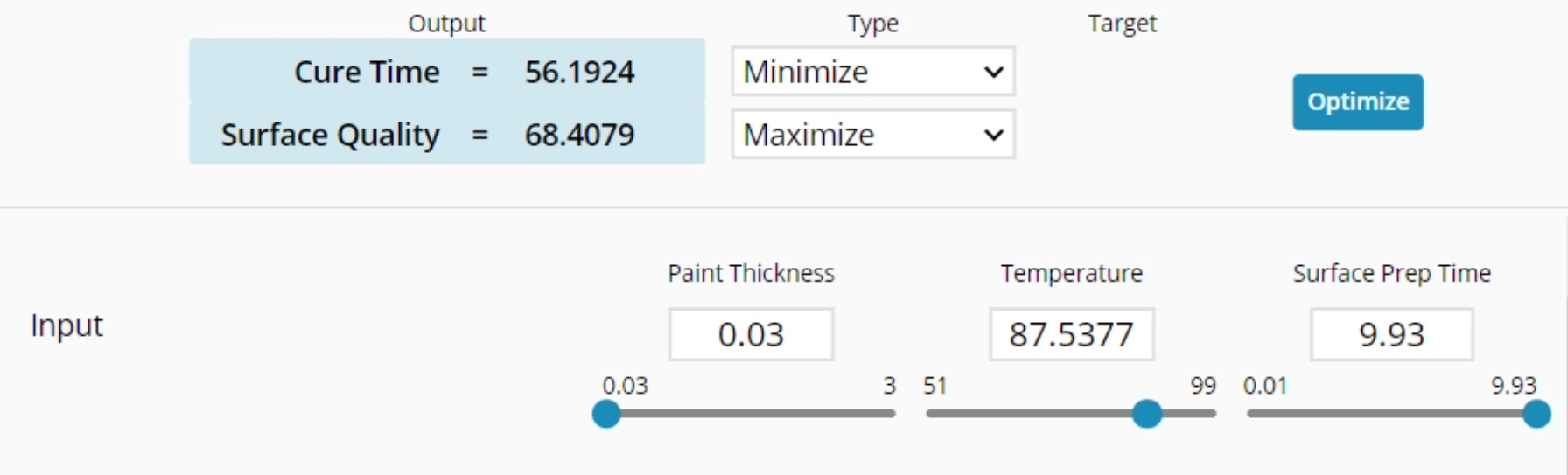 Optimizer input values menu.