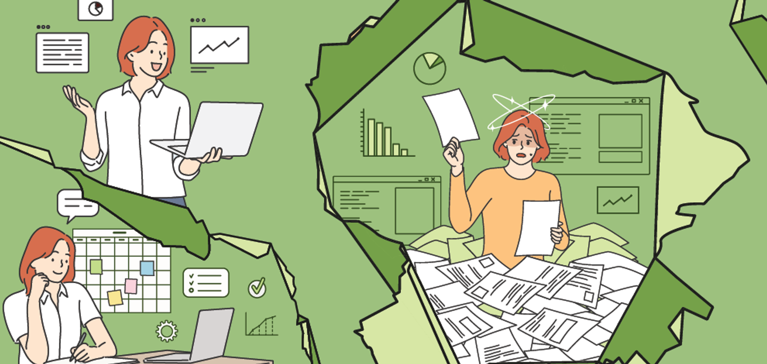 Woman drowning in paperwork and also working with charts and graphs