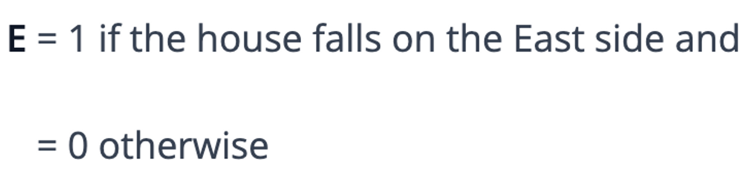 E = 1 if the house falls on the East side and 0 otherwise