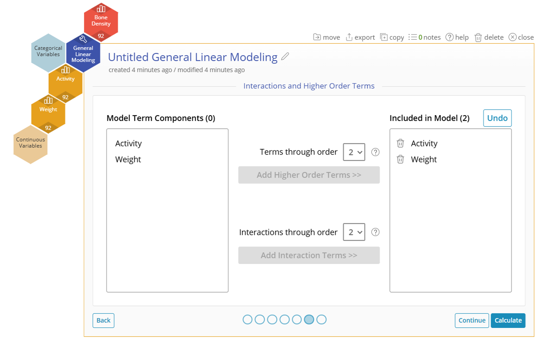 Interaction and Higher Order Terms screen which shows a left column containing Activity and Weight, a center column containing two buttons for Add Higher Order Terms and Add Interaction Terms, and a third column for Included in Model which has Activity and Weight.