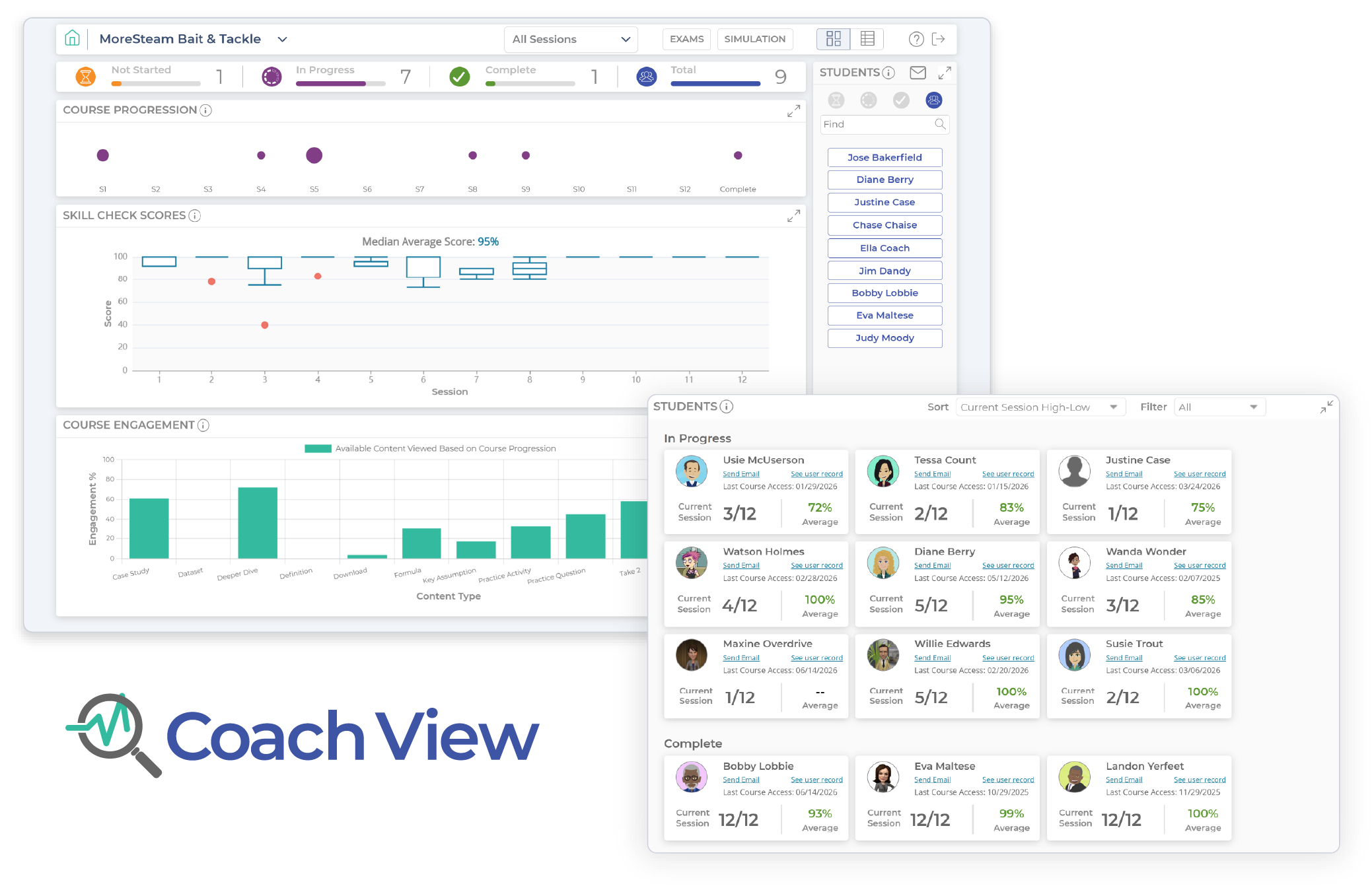 Coach View dashboards showing learner progress and engagement