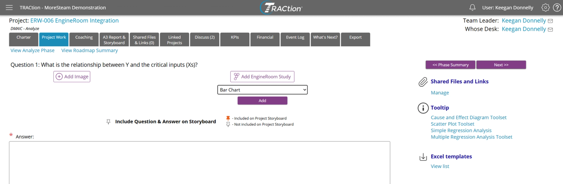 A TRACtion question with the "Add EngineRoom Study" dropdown visible with the EngineRoom study "Bar Chart" selected.