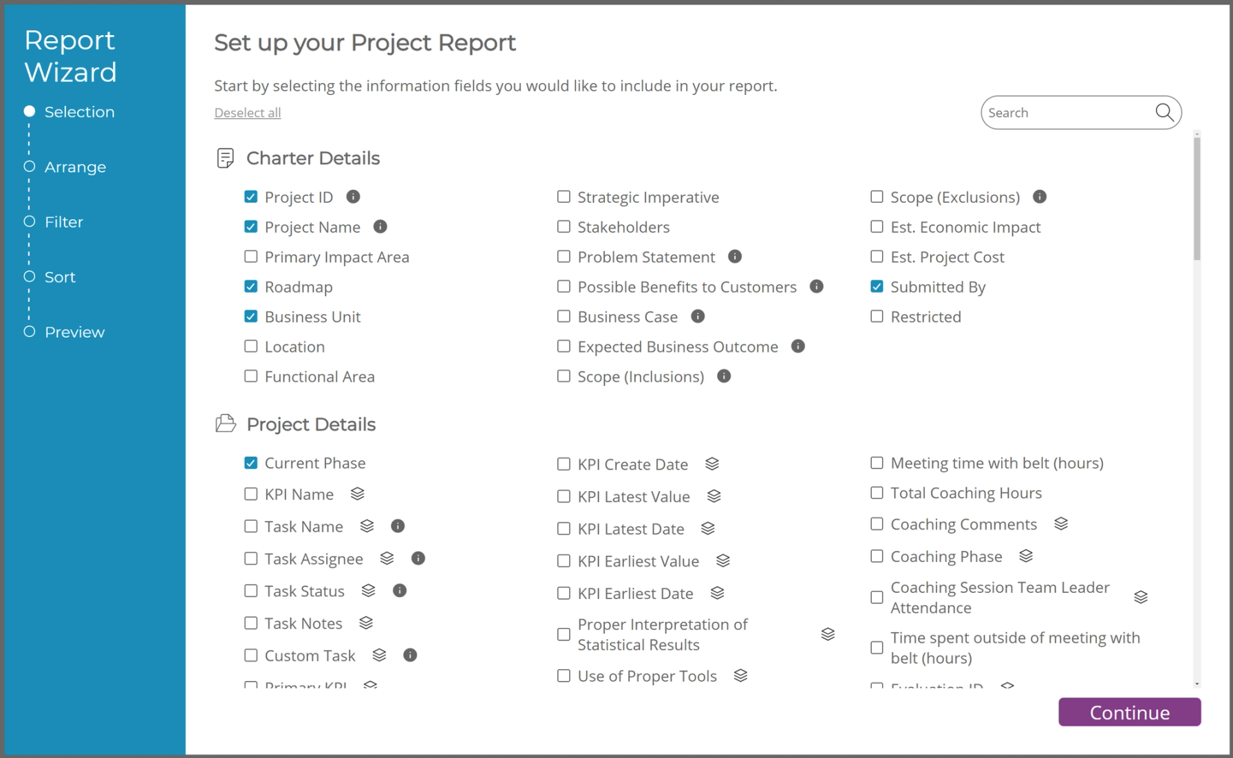 Selecting charter details and project details for a report