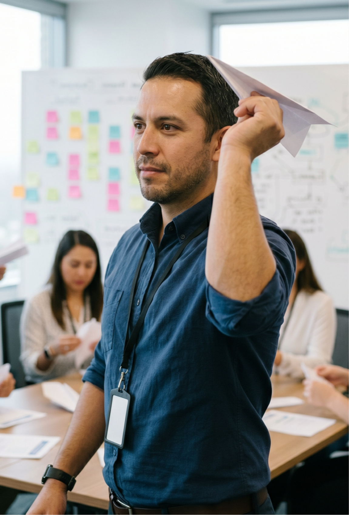 A participant preparing to launch a paper airplane in a classroom with a sticky-note-covered whiteboard