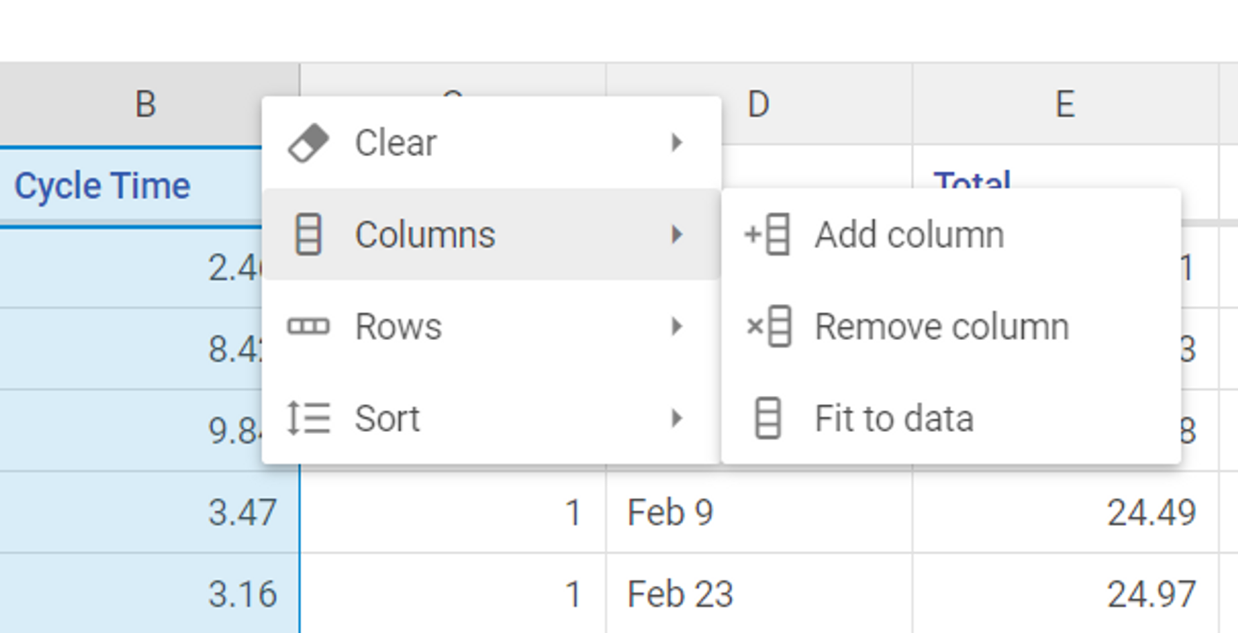 Menu showing Column submenu with Add column and Delete column