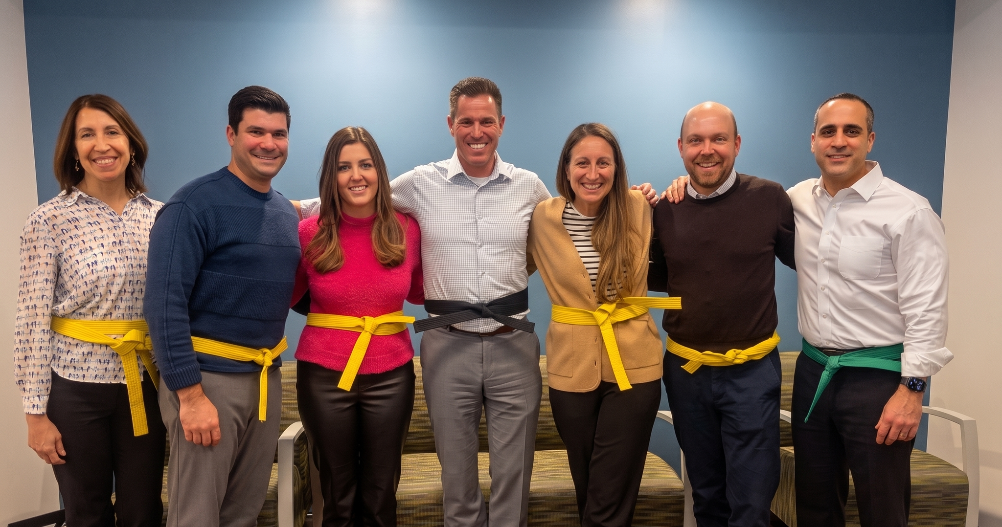 A group of Veritext employees wearing yellow, green, and black belts
