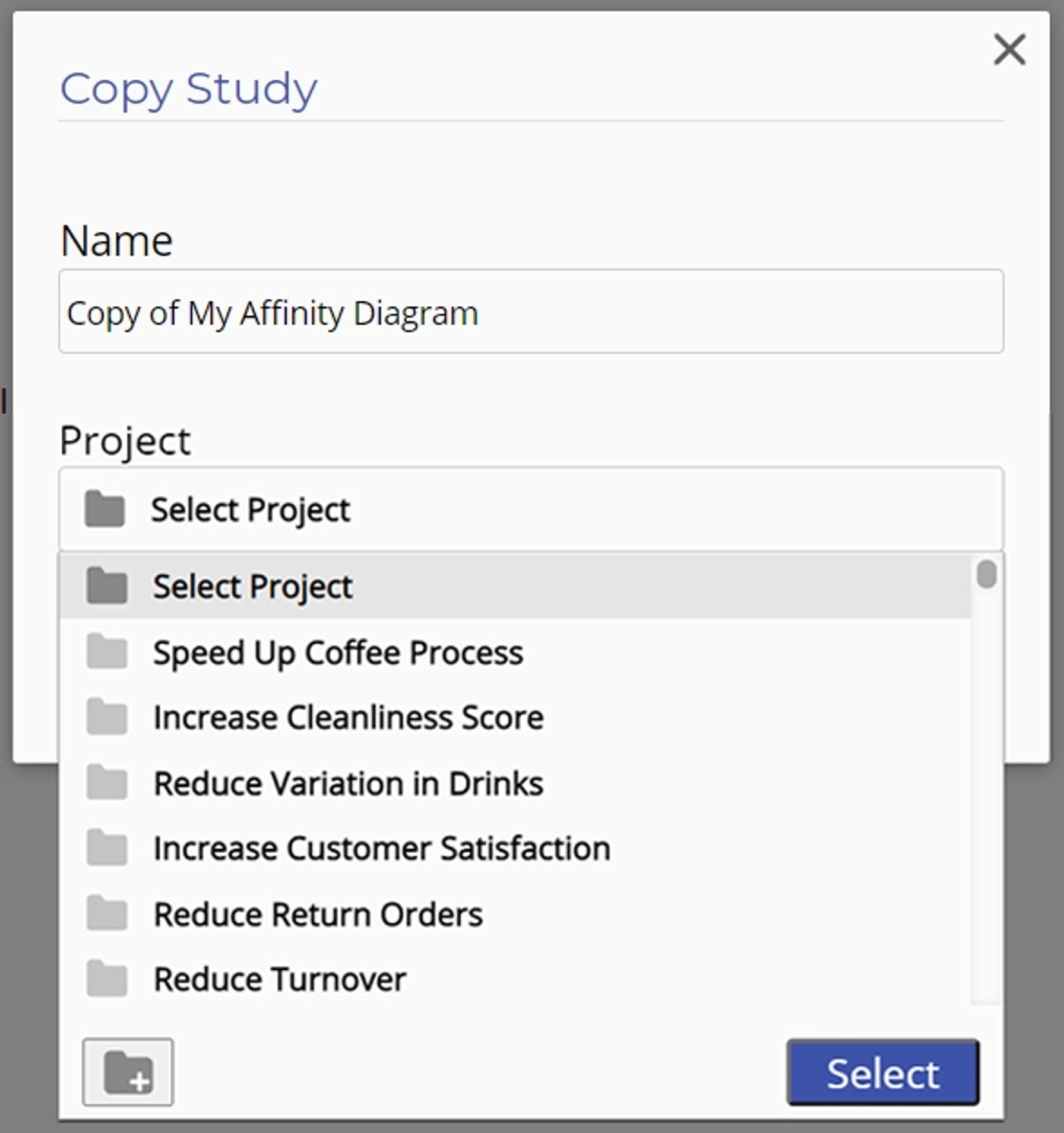 Choose which study to copy from dropdown.