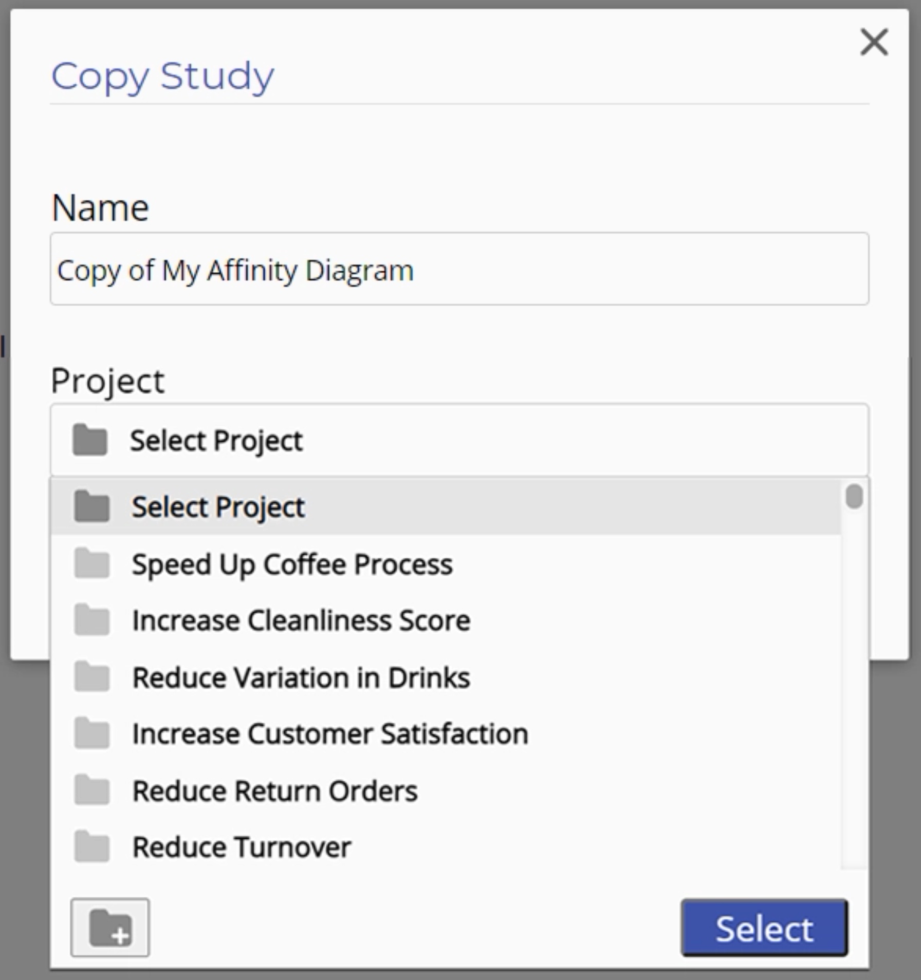 Choose which study to copy from dropdown.