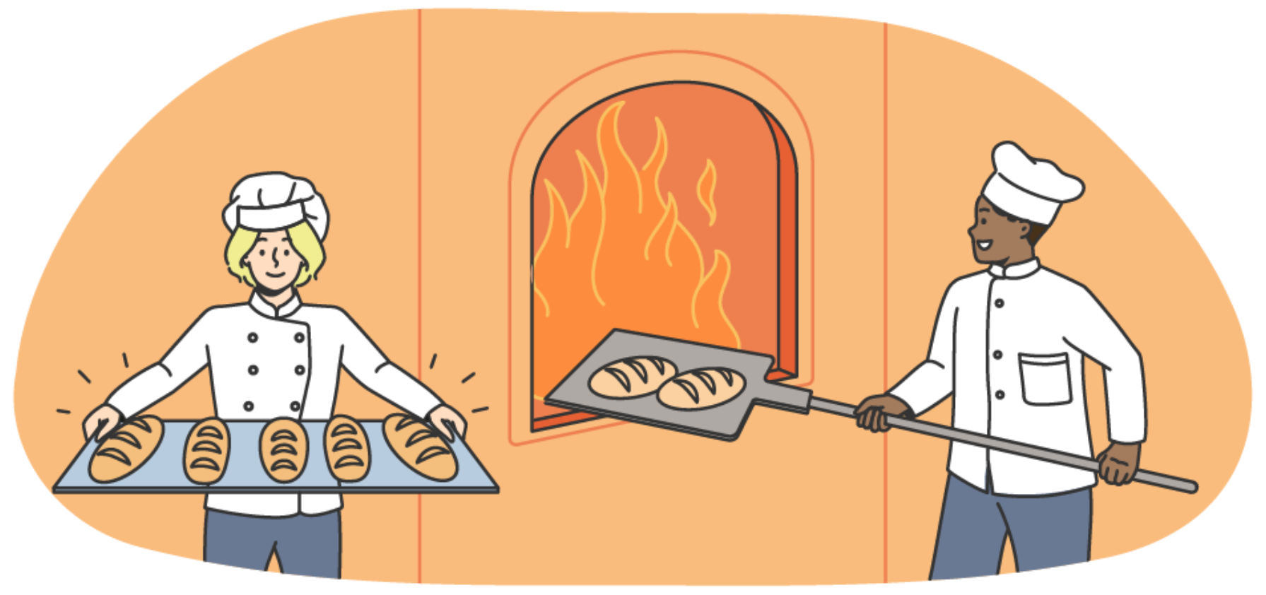 A baker placing loaves of bread in an oven and another baker carrying a tray of multiple loaves of bread