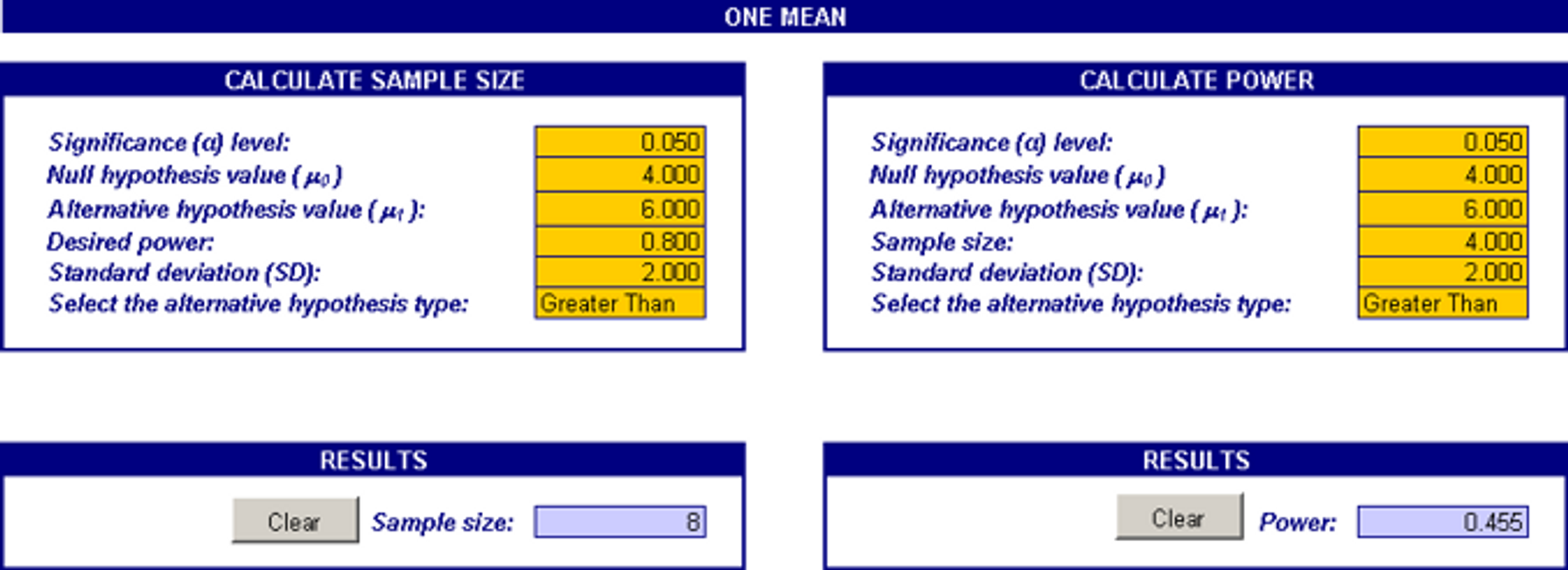 A screenshot of a one-sample t-test calculating sample size and power.
