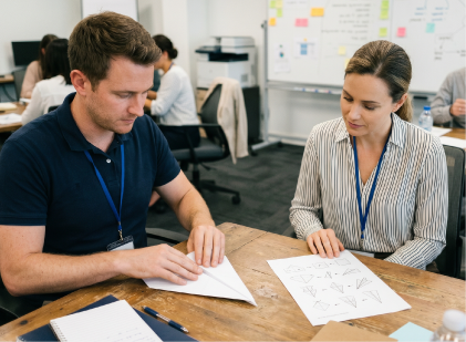 Two participants folding paper airplanes at a table beside printed build instructions