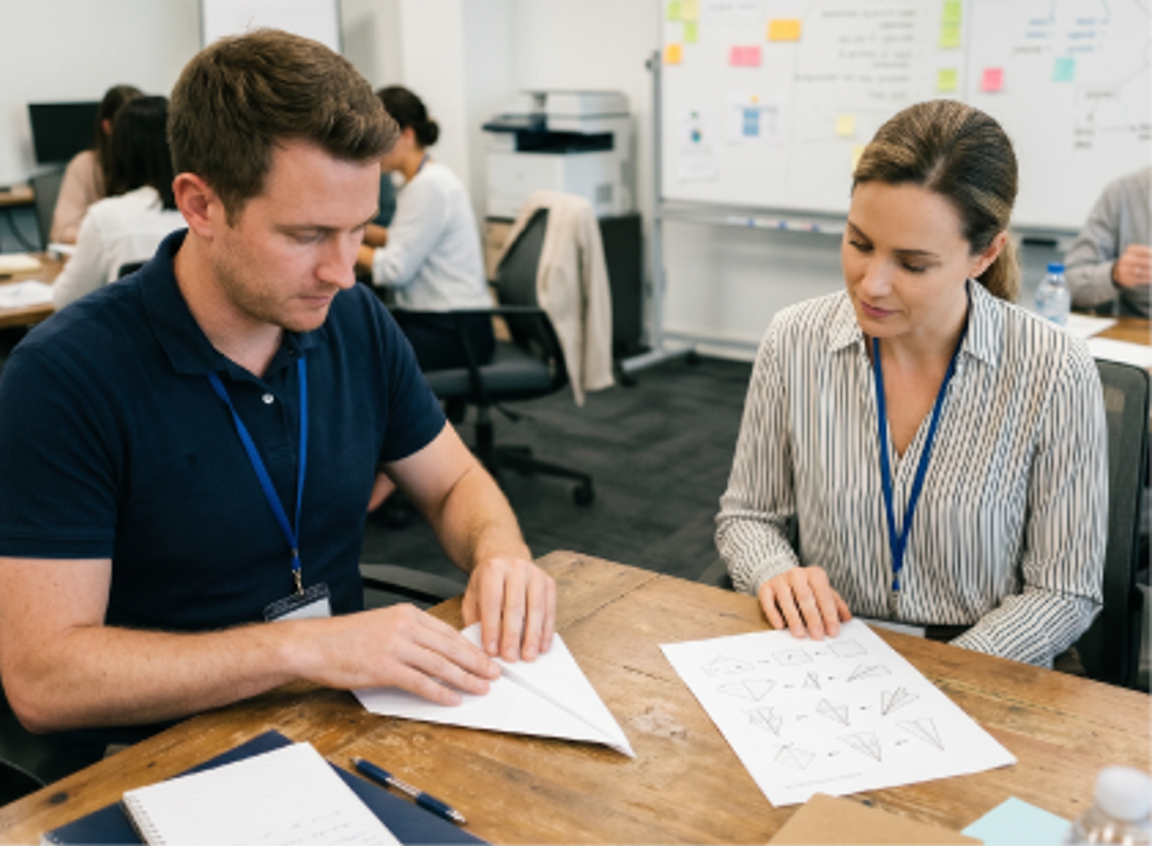 Two participants folding paper airplanes at a table beside printed build instructions
