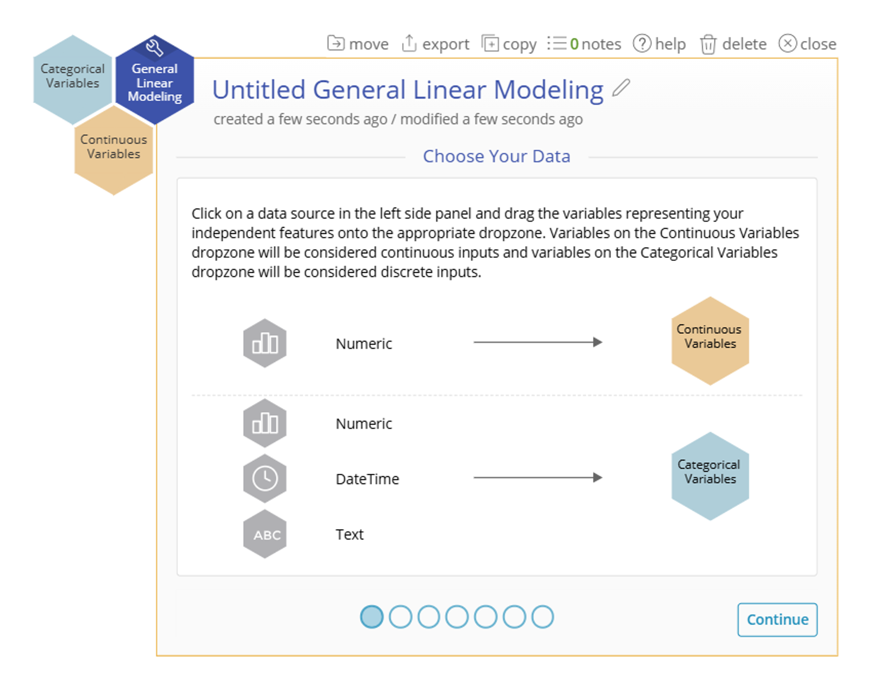 The first screen of the General Linear Modeling tool which shows directions to drag and drop continuous and categorical variables onto the study.