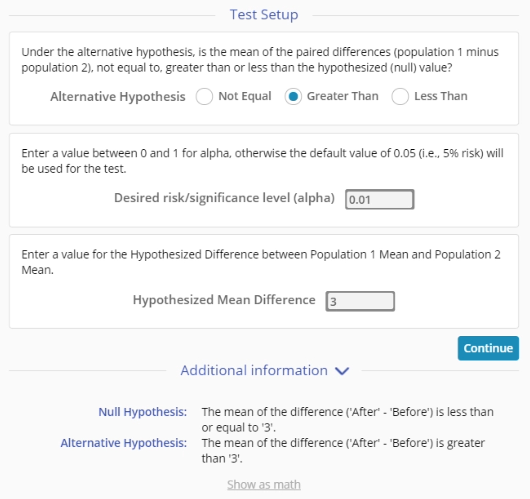2 Means t-Test paired sample set up.