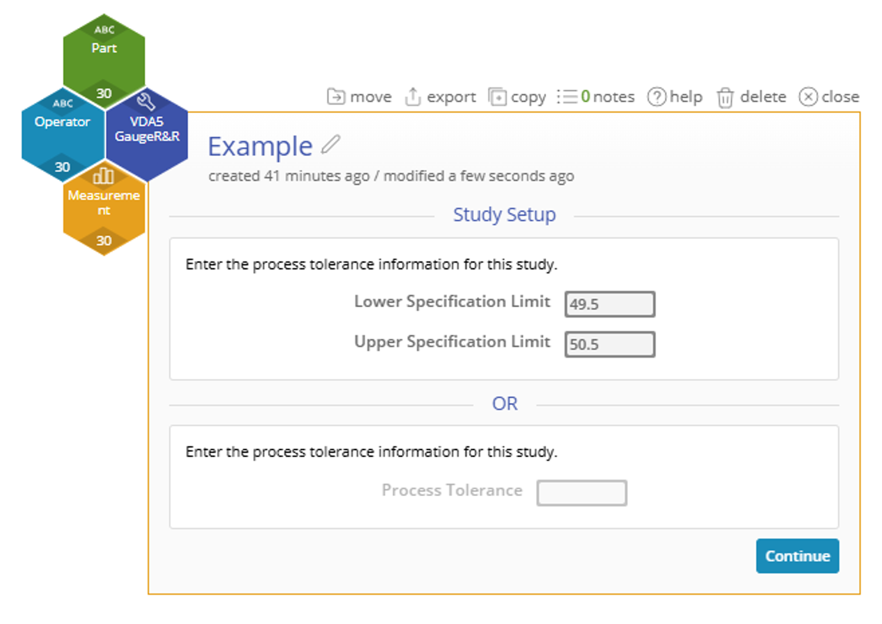 V D A 5 setup screen showing the options to set a lower and upper specification limit or set the process tolerance