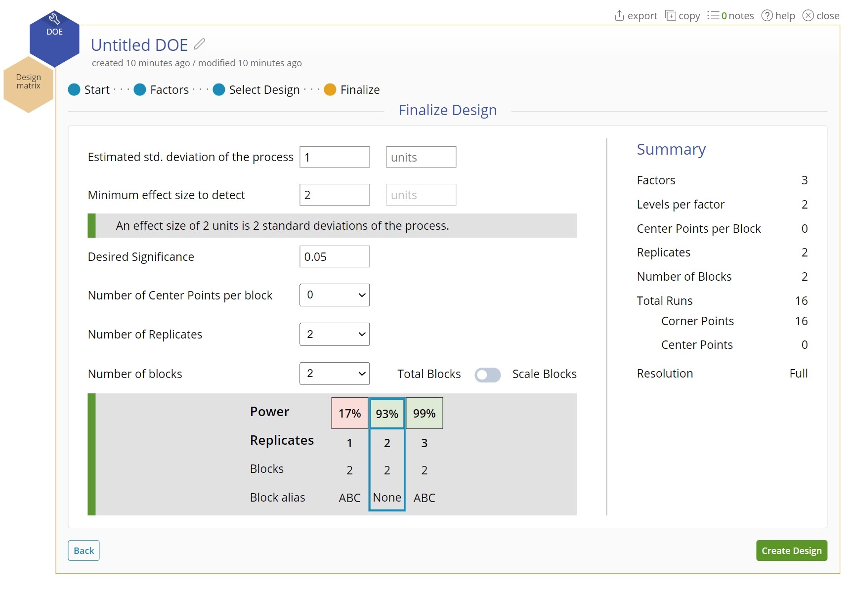 DOE creation slide with fields for center points, replicates, blocks and others