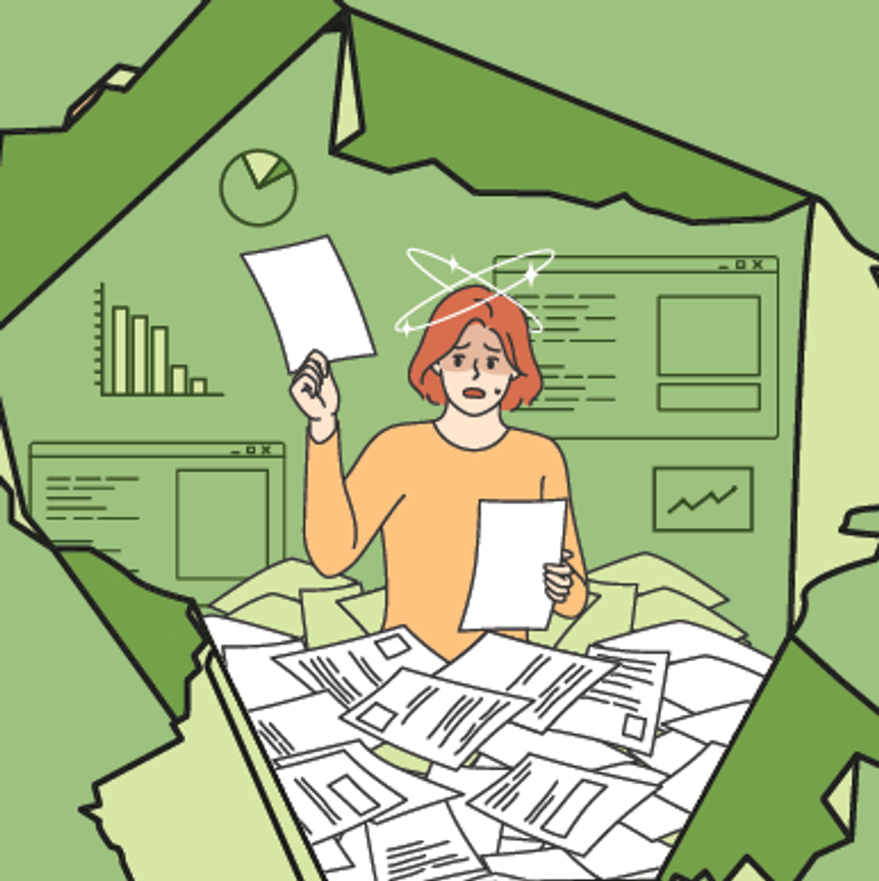 Woman drowning in paperwork and data, working with charts and graphs