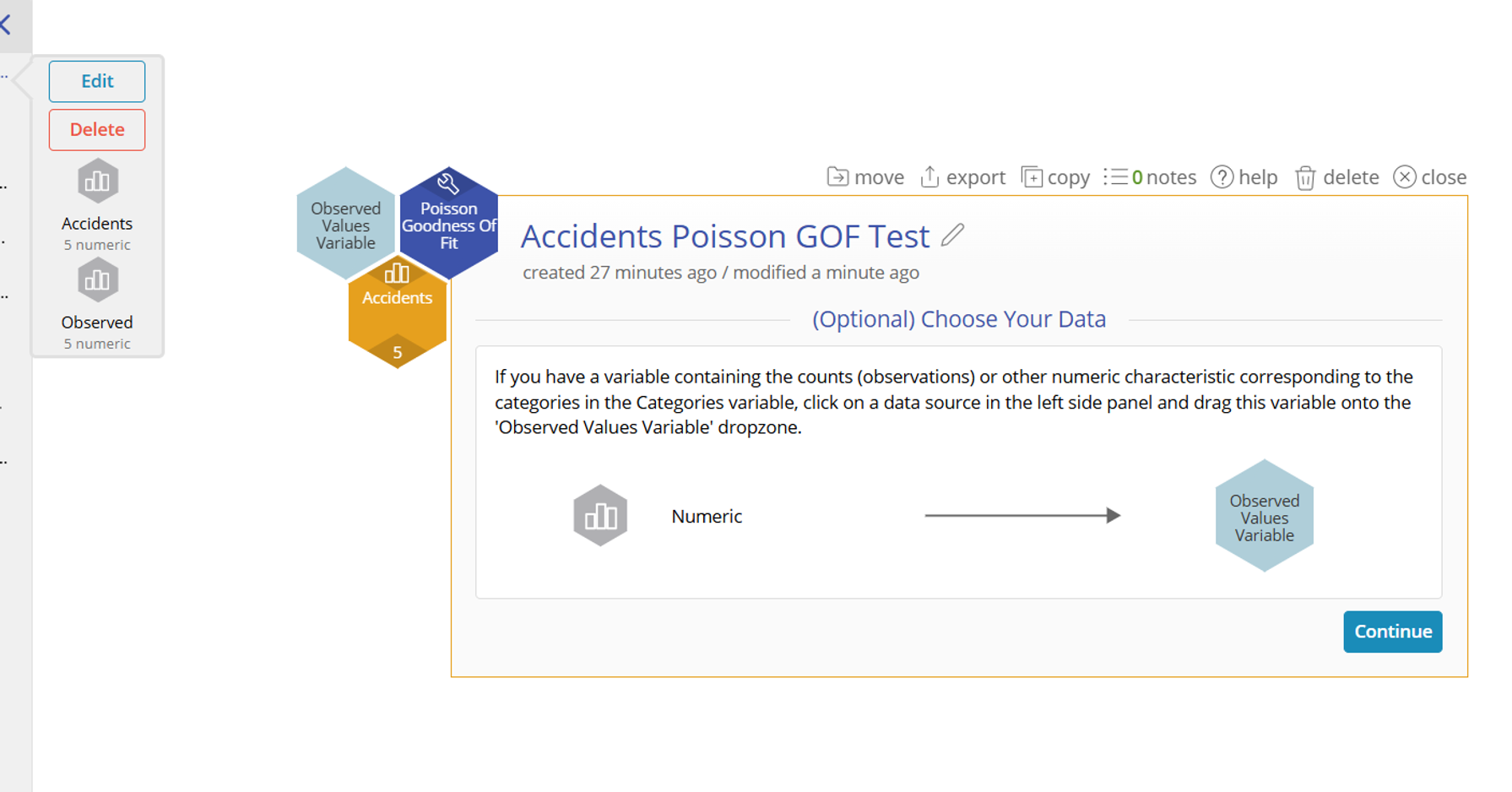 Open Variables Panel containing Accidents and Observed and an exposed dropzone for Observed Values