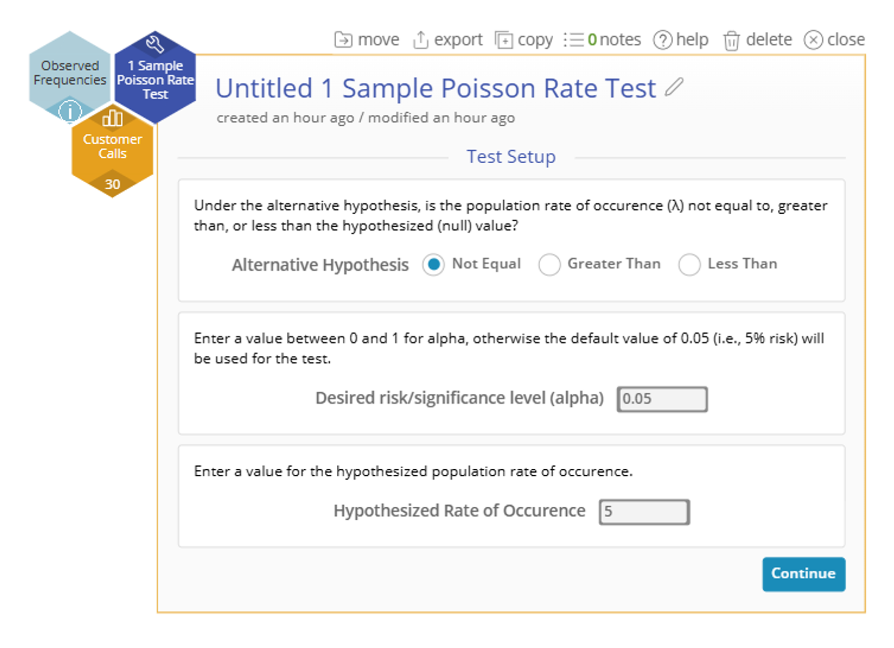 Set up screen for 1 Sample Poisson Rate test showing the not equal alternative hypothesis and a hypothesized rate of 5