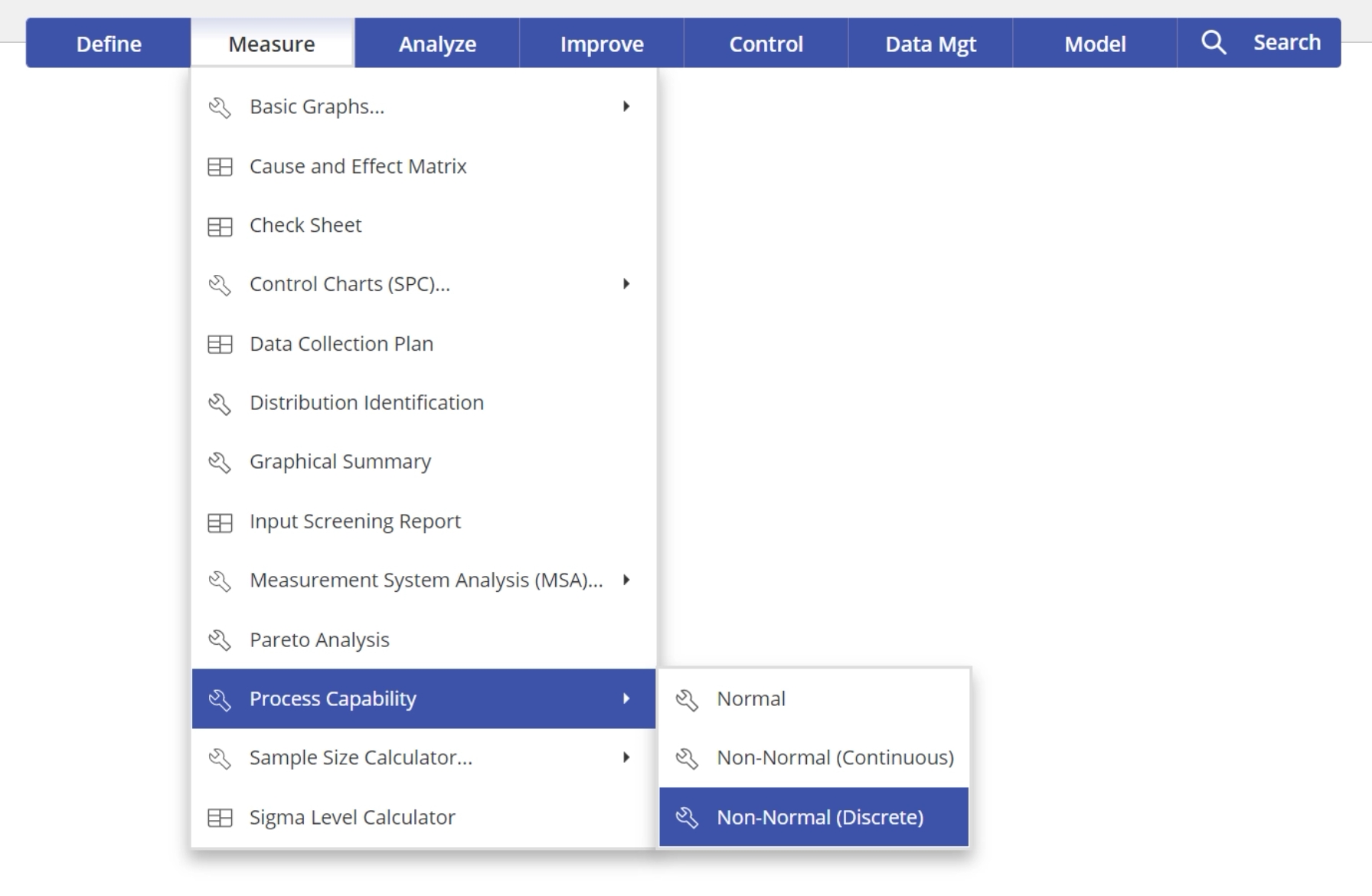 "Measure" dropdown menu with "non-normal (discrete)" option highlighted.