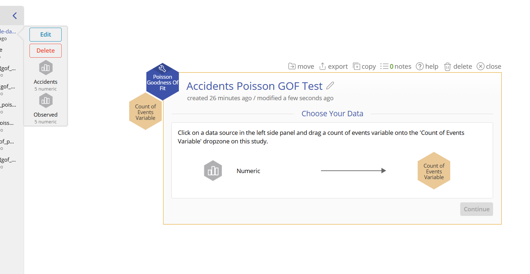 Introduction screen showing open variables panel containing accidents and observed, and the study showing the count of events dropzone