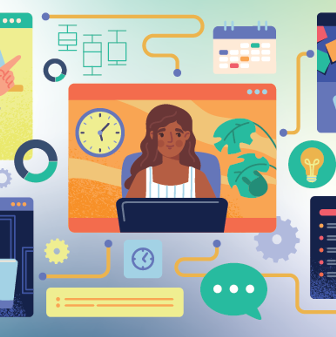 A woman on a computer surrounded by gears, graphs, ideas, and calendars.