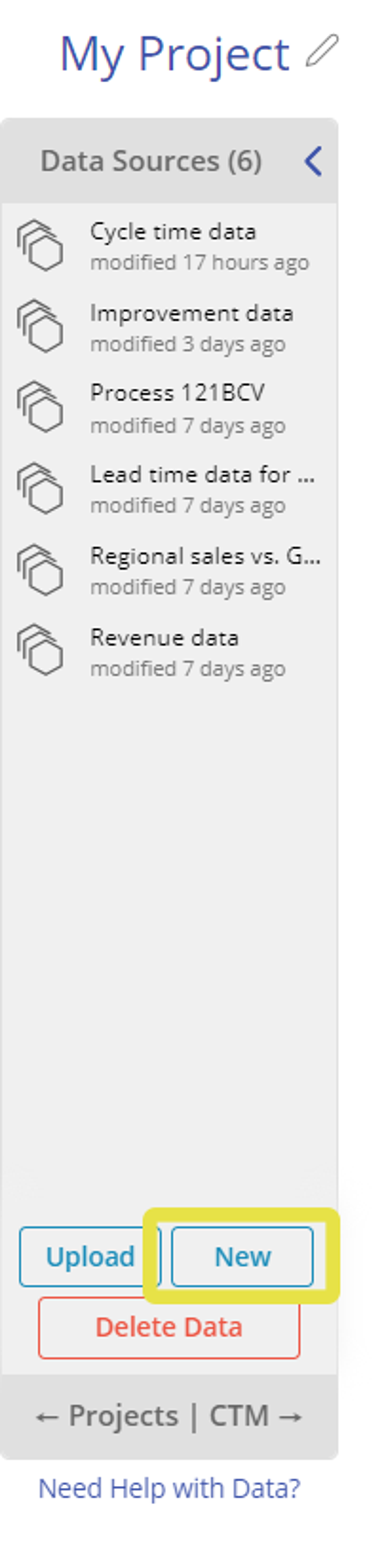 Data Sources panel with highlighted New button in bottom right