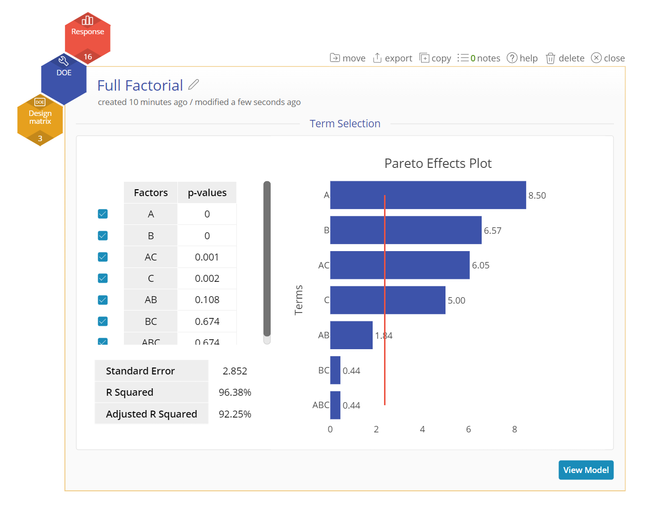 A Term Selection Screen in D O E that shows checkmarks next to the available factors and a pareto chart that shows the effects of those factors.