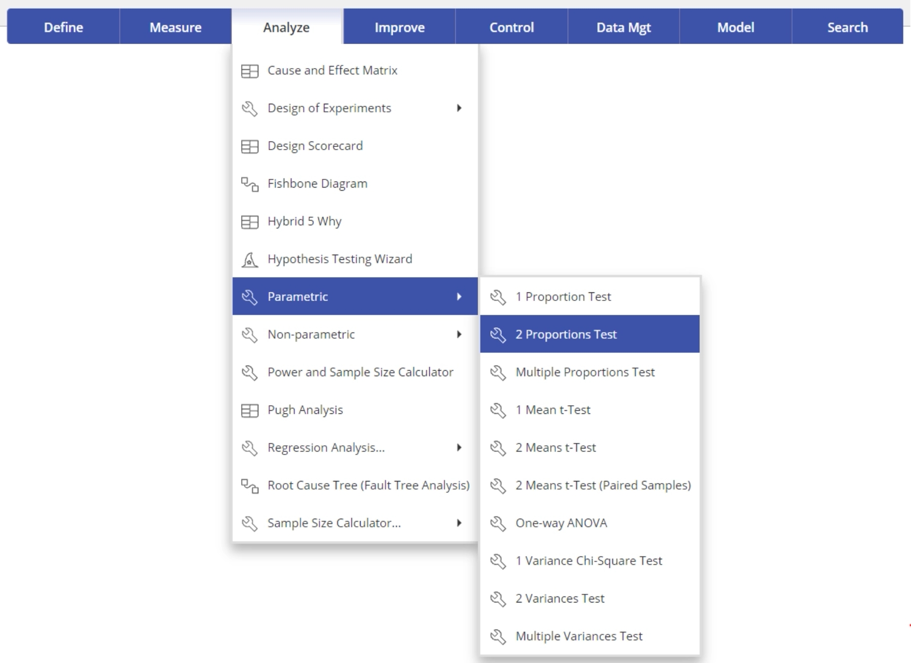 Parametric tests dropdown menu with "2 proportions test" highlighted.