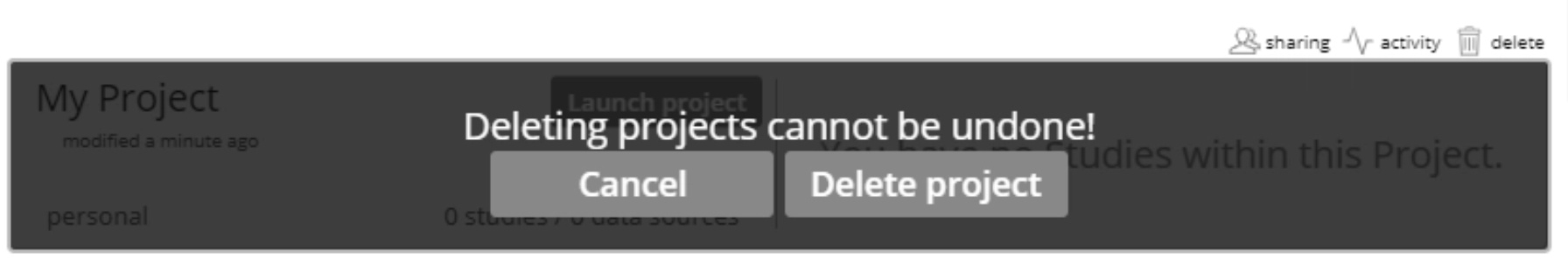 Screenshot of confirm delete project pop-up.