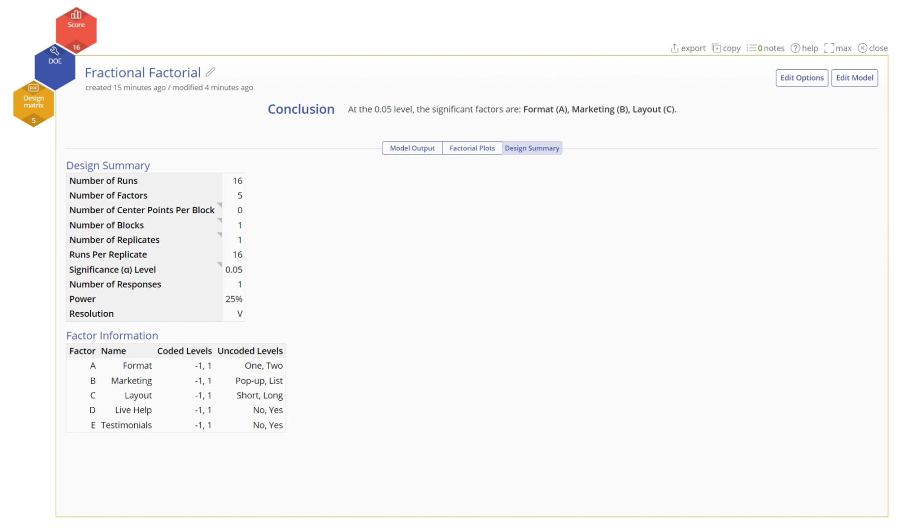 Design summary screen featuring tables on design parameters and factor information for fractional factorial design
