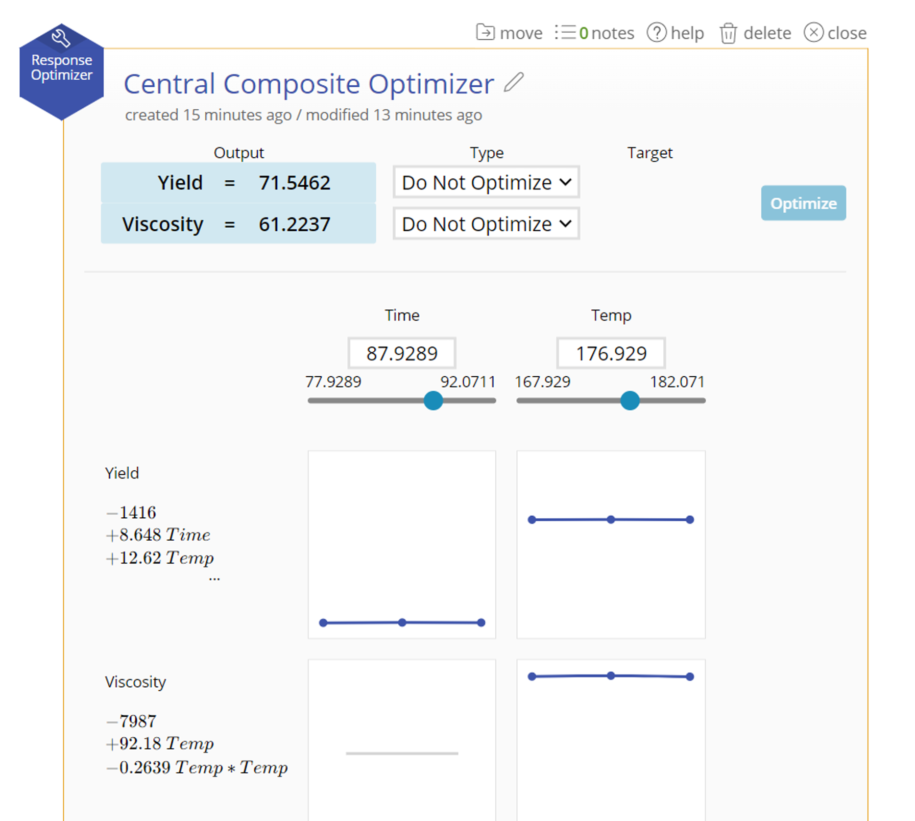 Optimizer with two outputs and two inputs, where the sliders have been manipulated to change the values of the inputs and results.