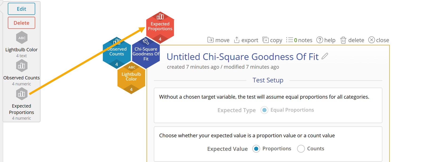 Drag Expected counts/proportions variable onto Chi-square goodness of fit study