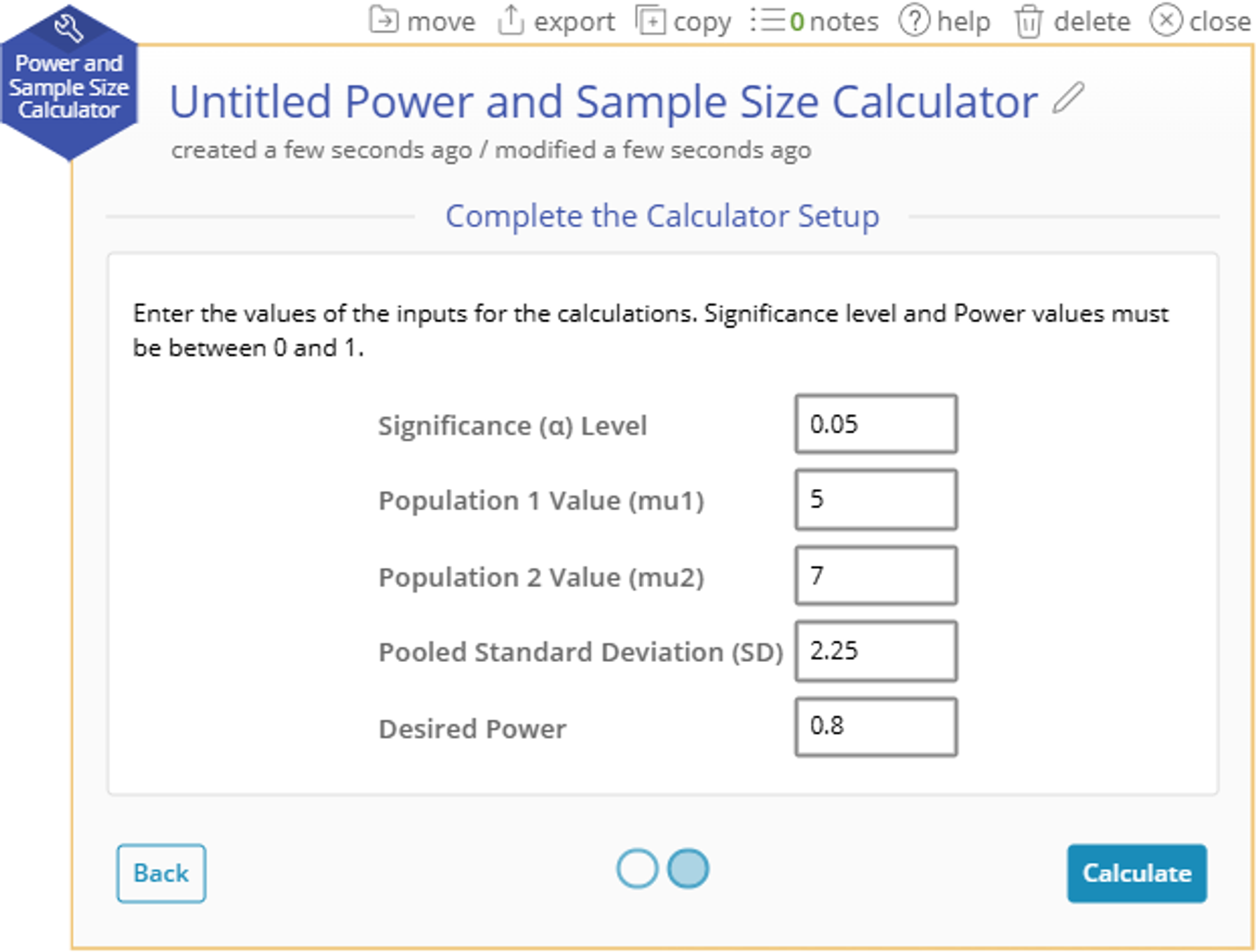 Power & Sample Size Calculator 2 Means Sample Size Parameters Input