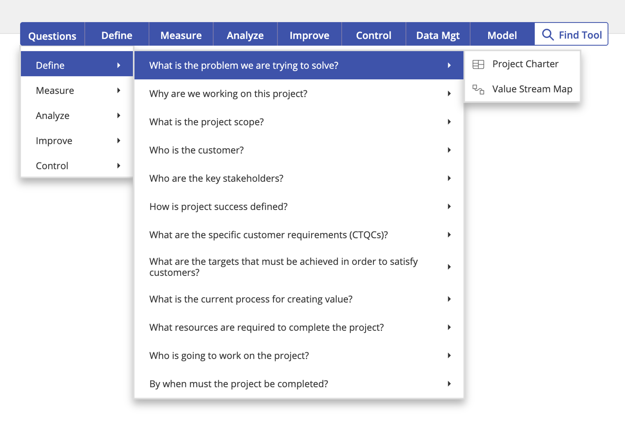 EngineRoom DMAIC Questions Menu