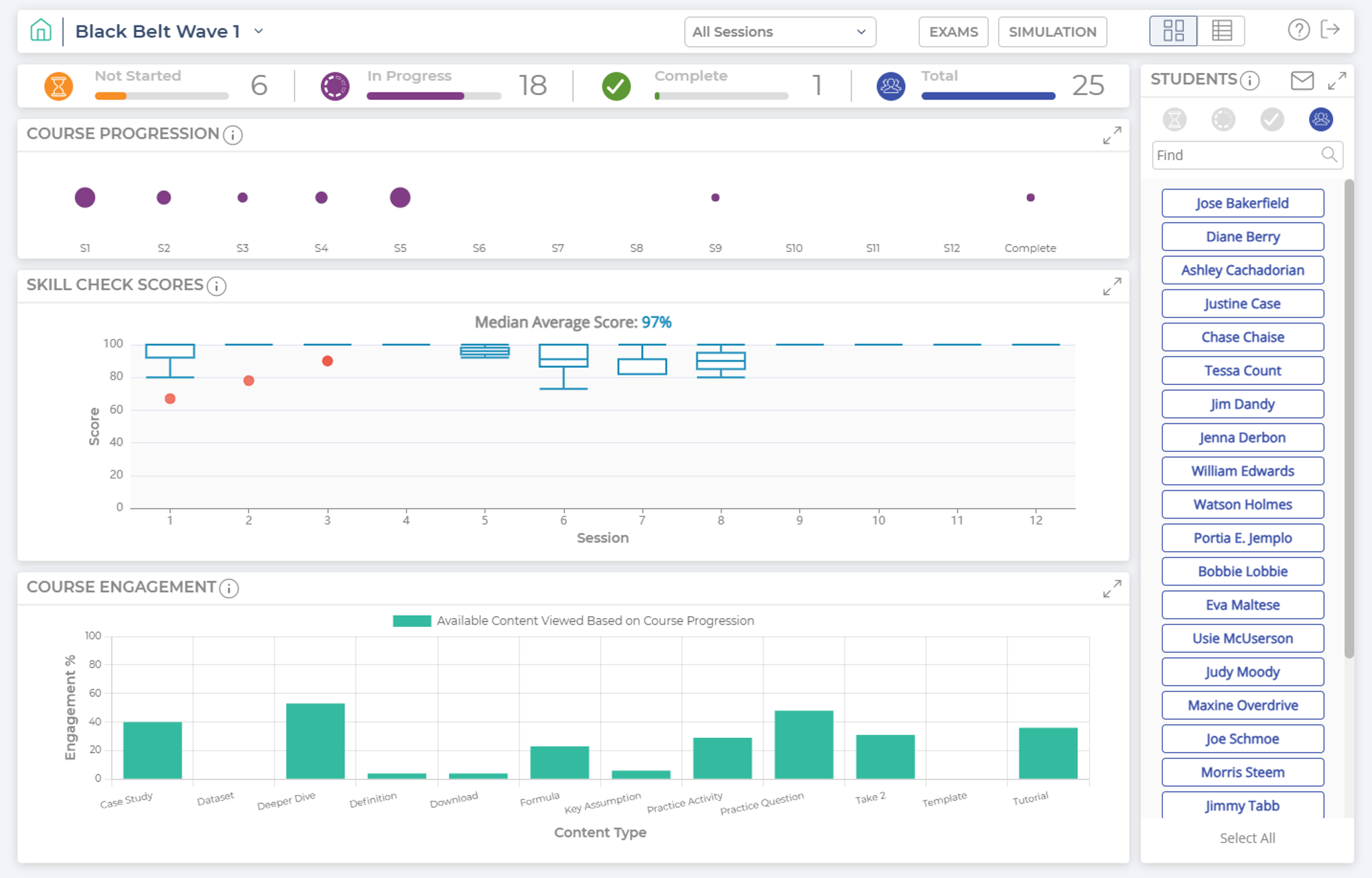 Black Belt Wave 1 Coach View dashboard of course progression, skill check scores, course engagement.
