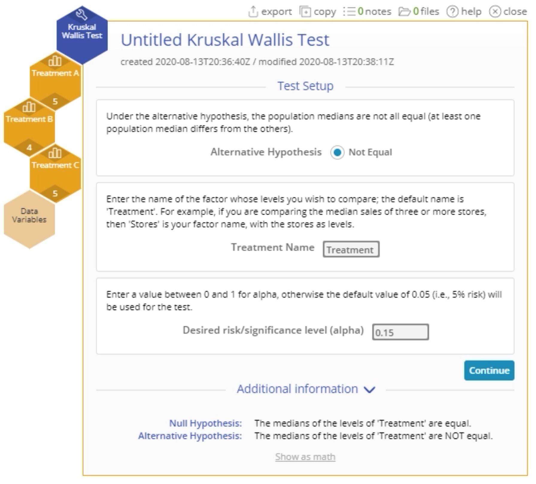 Kruskal-Wallis test set up menu.