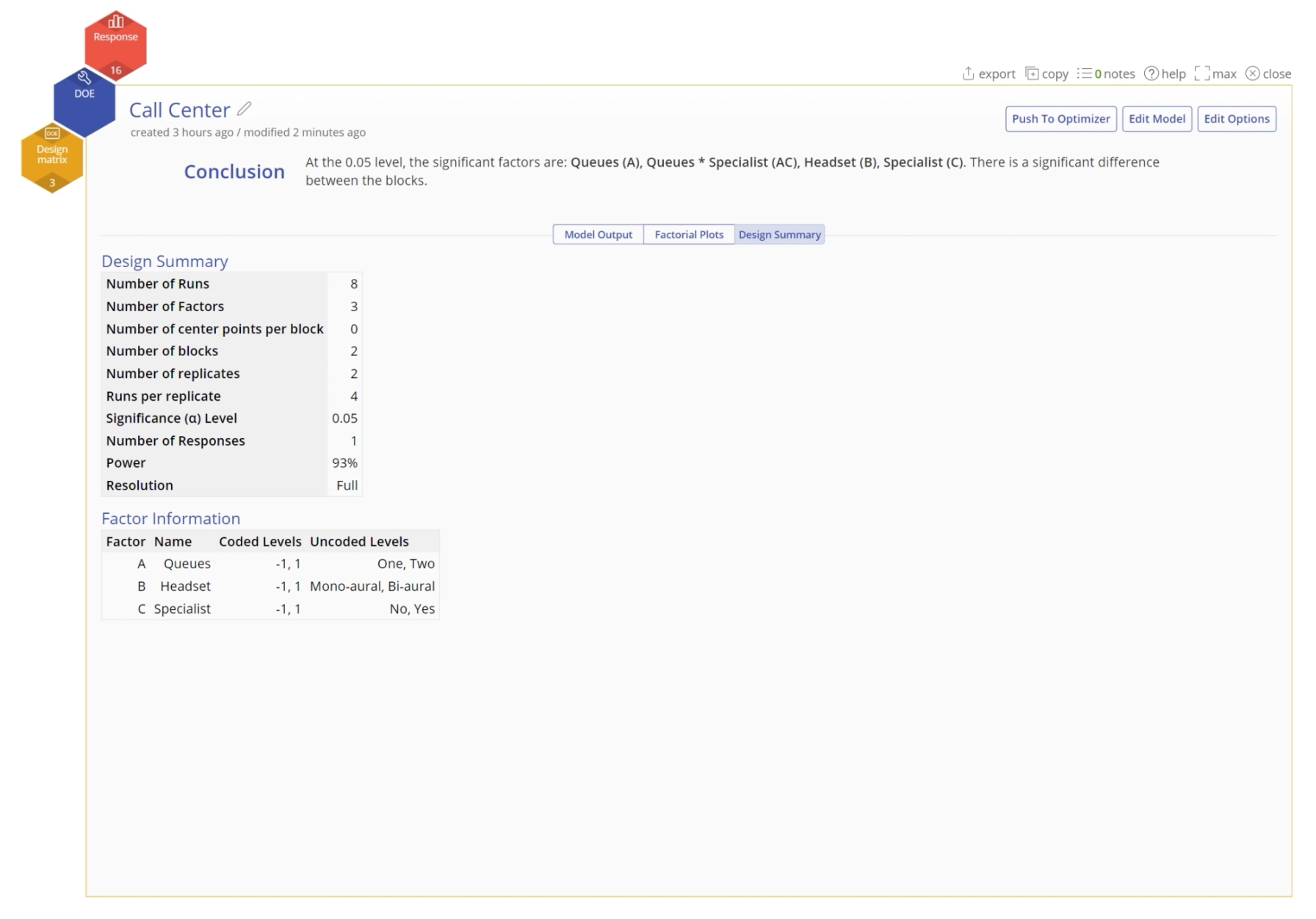 Design summary screen featuring tables on design parameters and factor information.