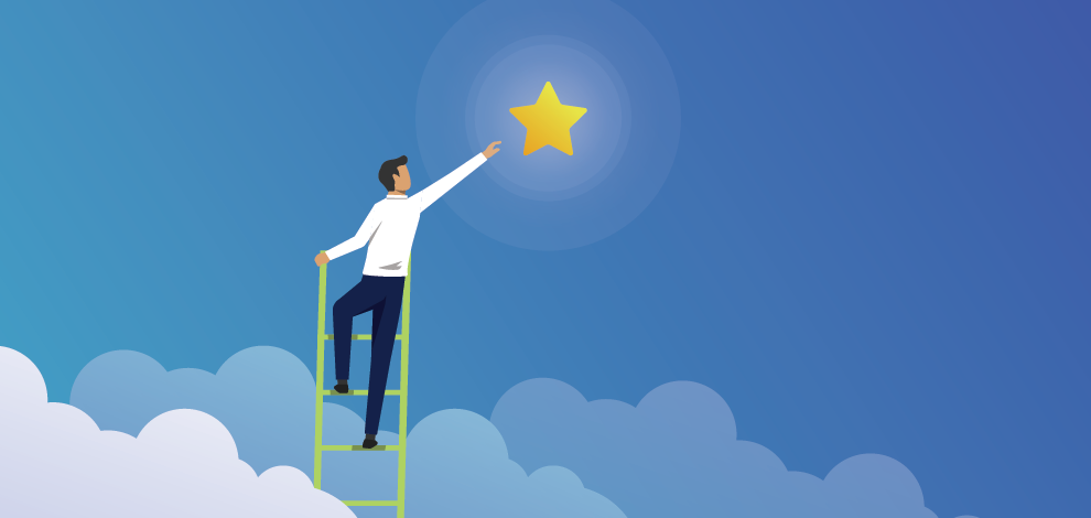 Man on ladder reaching for a star in the sky