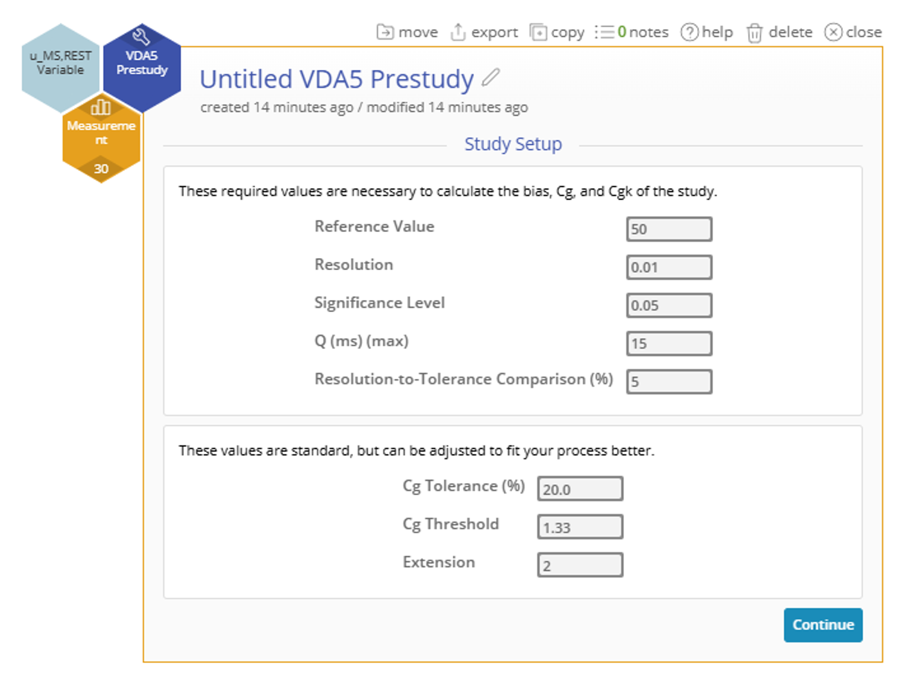 Options screen for V D A 5 prestudy showing a reference value of 50 and default settings