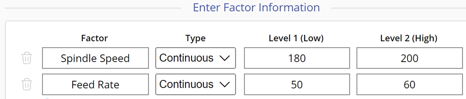 Form showing factor information for the RSM design.