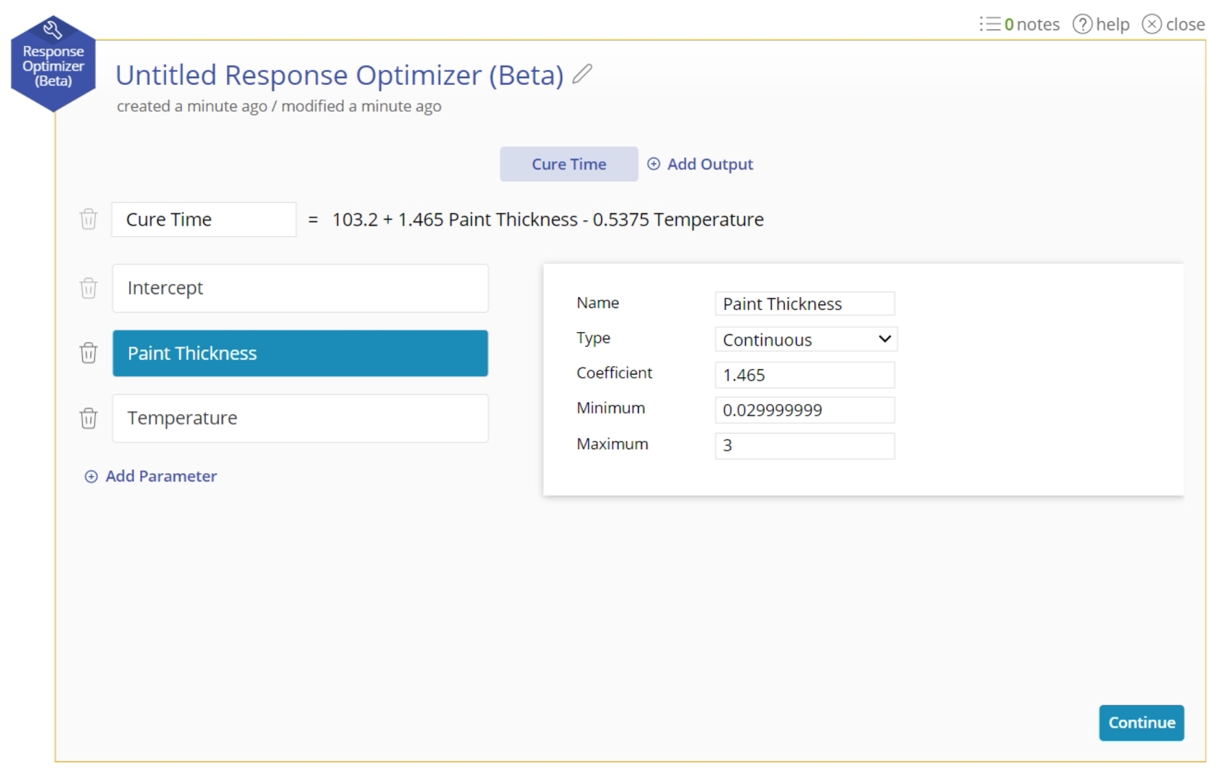 Sample equation set up in optimizer menu.