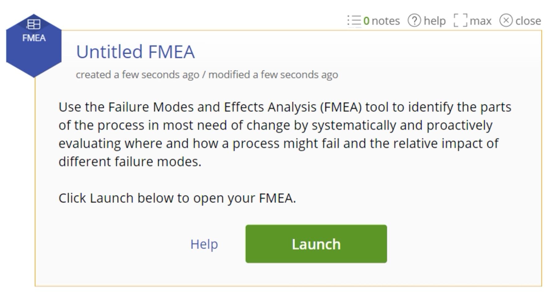 FMEA start up menu.