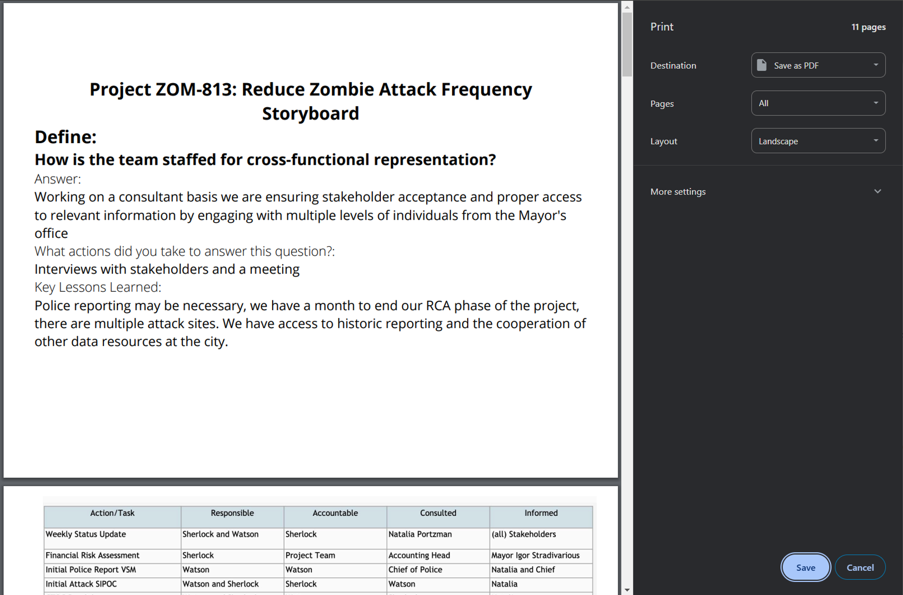 The print window open with settings currently set to save the storyboard as a PDF.