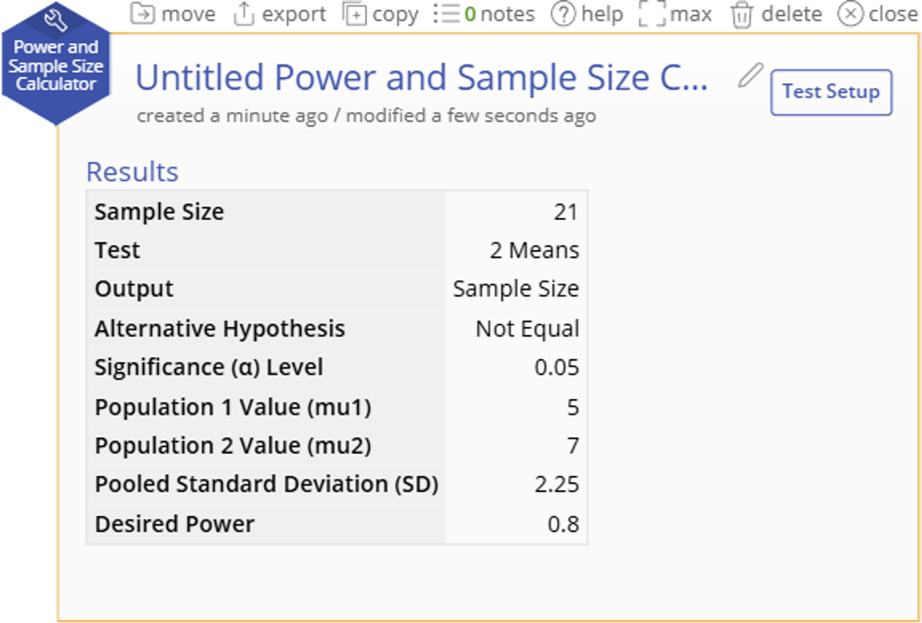 Power & Sample Size Calculator 2 Means Sample Size Output