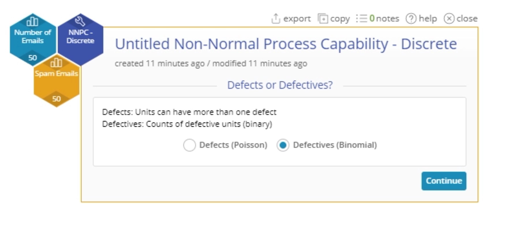 NNPC Discrete start up menu with "Defectives (Binomial)" option highlighted.