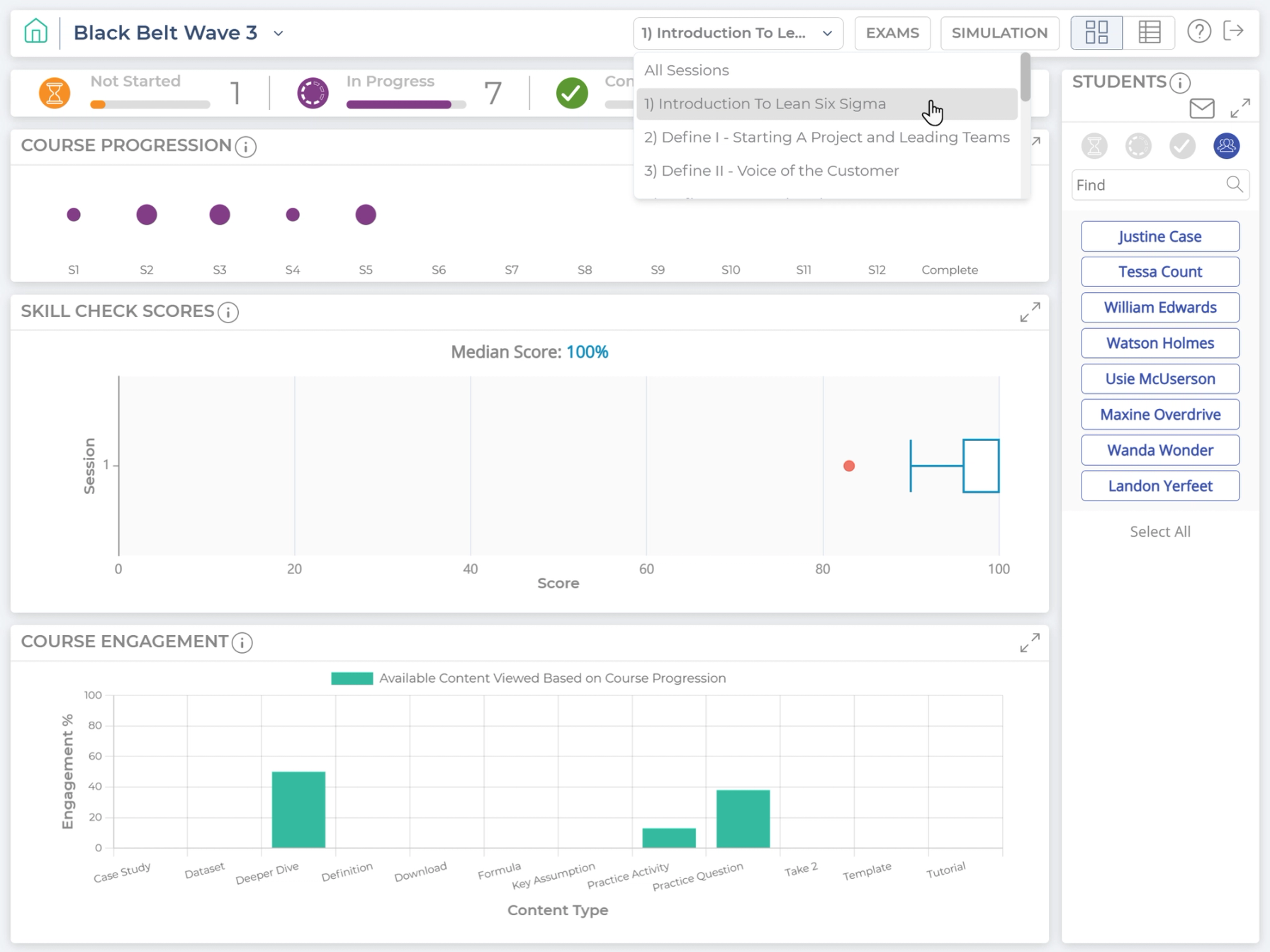 dashboard session filter drop down